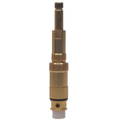Bright brass stem with black rubber o-ring plastic washer and brass screw.