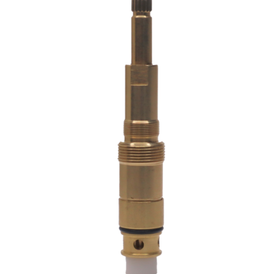 Bright brass stem with black rubber o-ring plastic washer and brass screw.