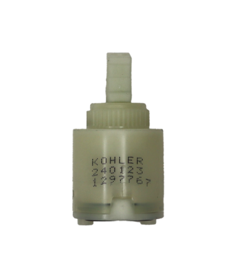 Tan plastic cartridge with white square handle connection with rubber bottom seal.
