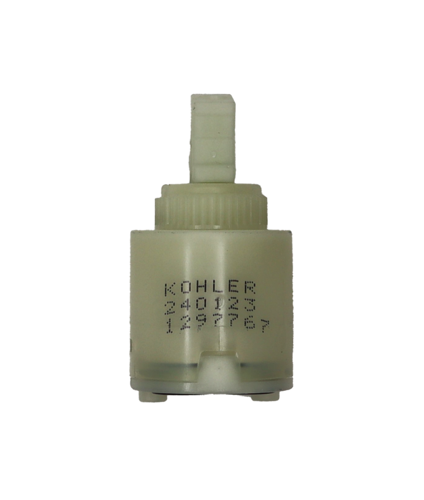 Tan plastic cartridge with white square handle connection with rubber bottom seal.