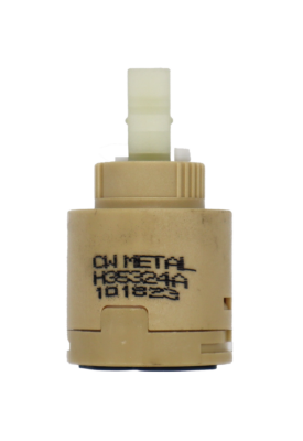 Tan plastic cartridge with white square handle connection and black rubber seals with cw metal on side.