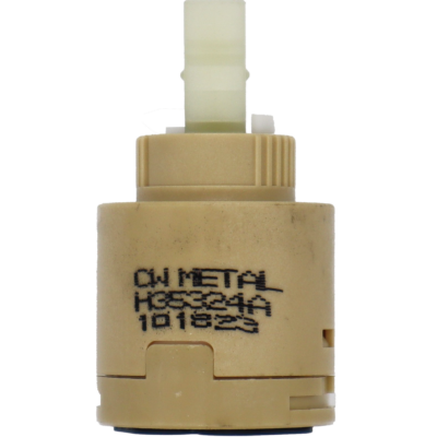 Tan plastic cartridge with white square handle connection and black rubber seals with cw metal on side.