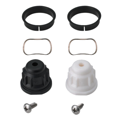 white and black plastic handle adapters stainless steel rings with black washers and stainless screws.