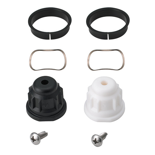 white and black plastic handle adapters stainless steel rings with black washers and stainless screws.