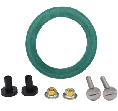 Green foam rubber gasket with brass nuts metal screws and black rubber grommets