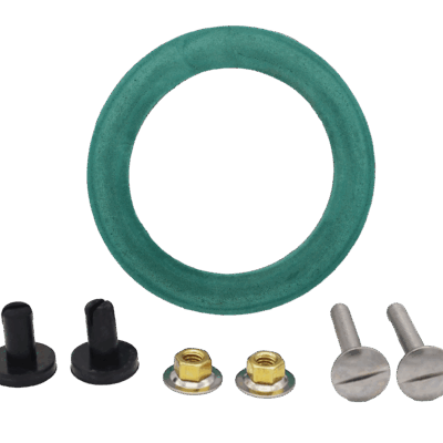 Green foam rubber gasket with brass nuts metal screws and black rubber grommets