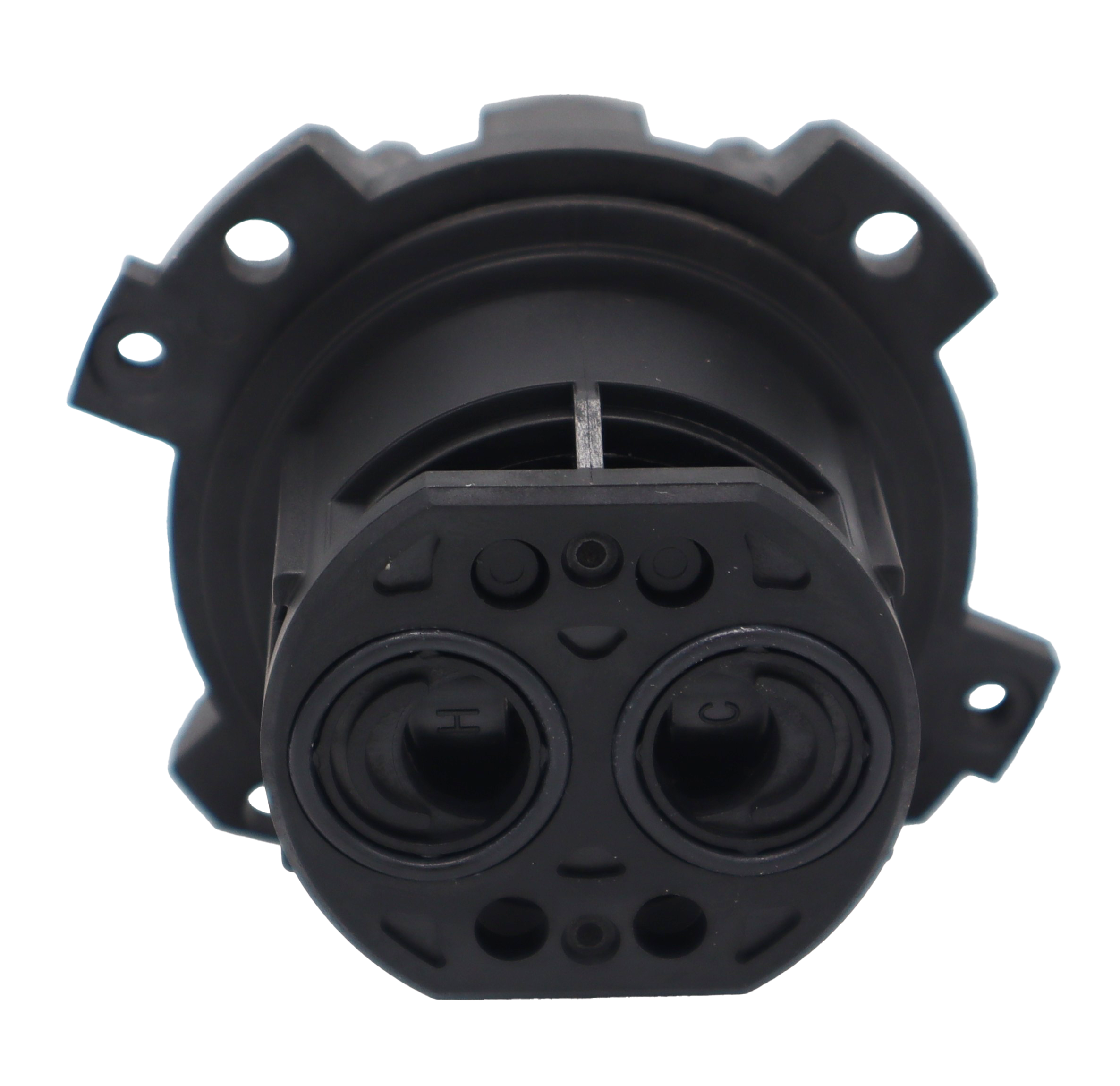 Black plastic cartridge with polished chrome stem brass limit stop copper clip and black orings on the bottom.