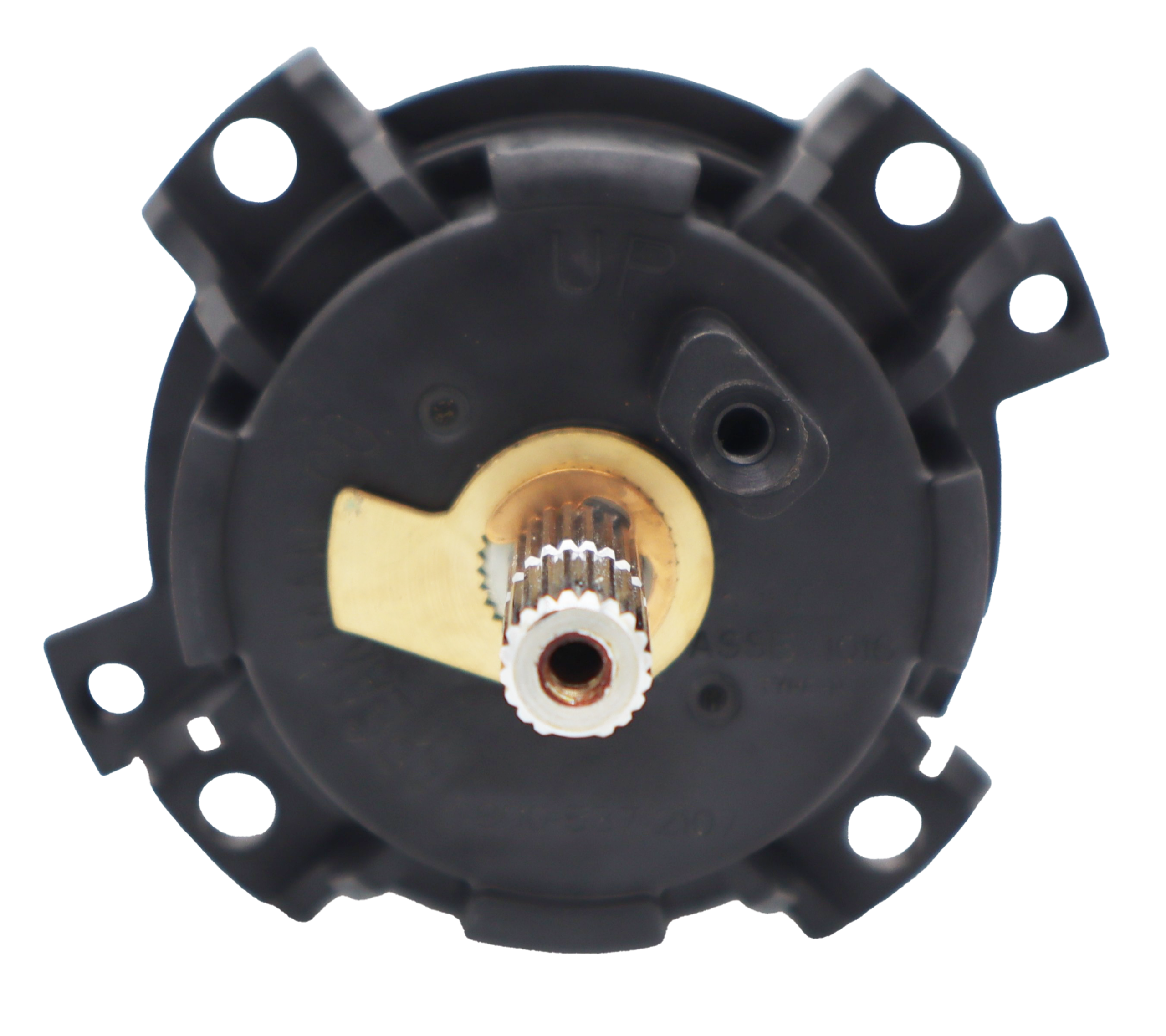 Black plastic cartridge with polished chrome stem brass limit stop copper clip and black orings on the bottom.