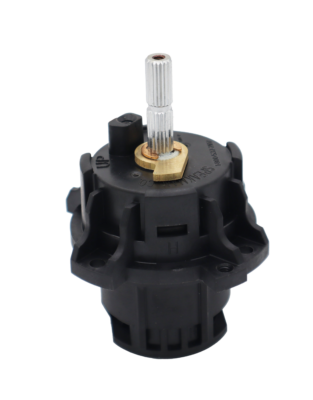 Black plastic cartridge with polished chrome stem brass limit stop copper clip and black orings on the bottom.