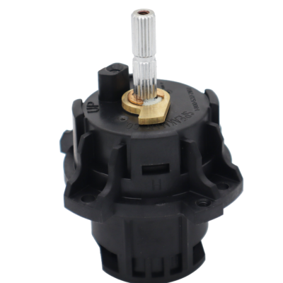 Black plastic cartridge with polished chrome stem brass limit stop copper clip and black orings on the bottom.