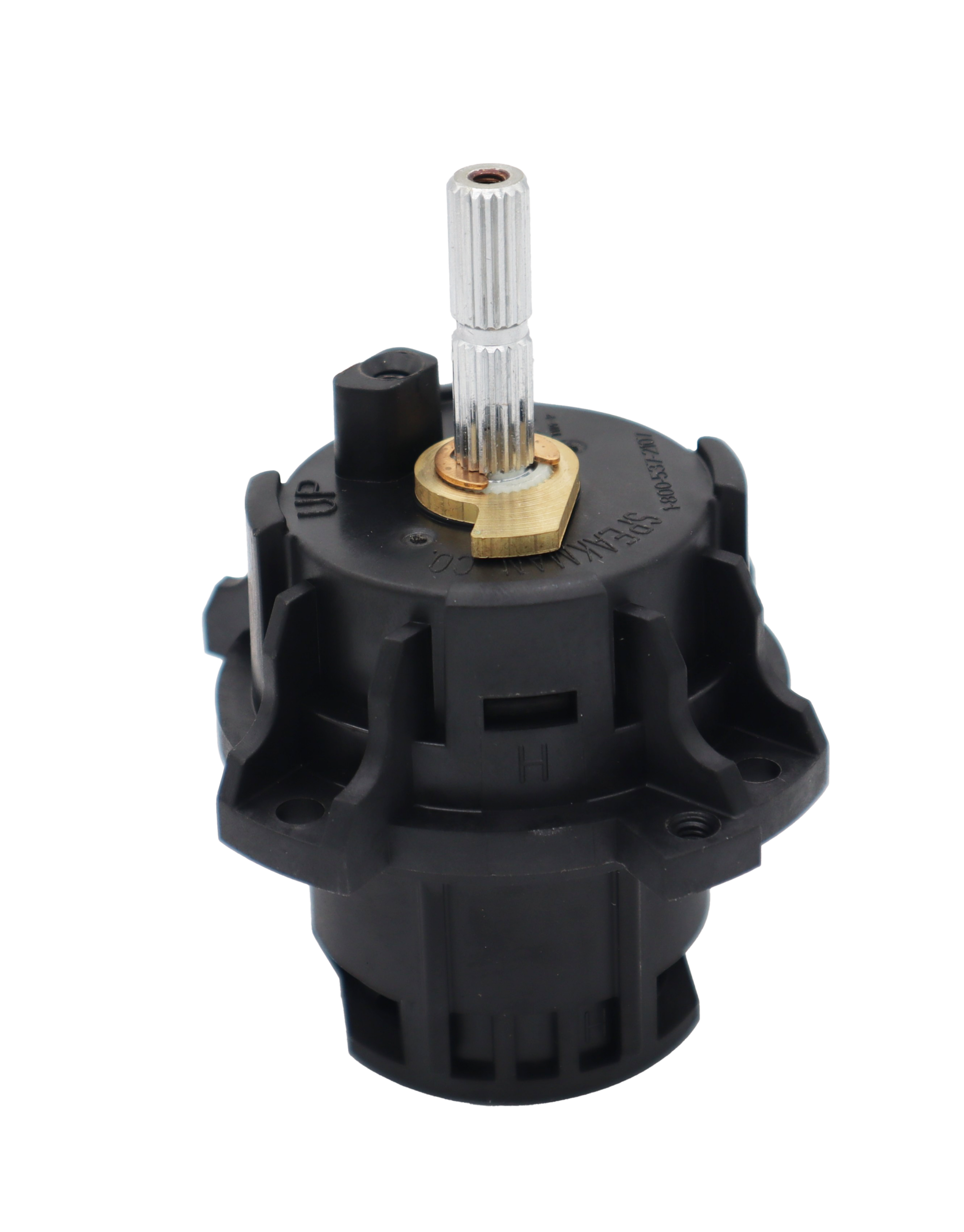 Black plastic cartridge with polished chrome stem brass limit stop copper clip and black orings on the bottom.