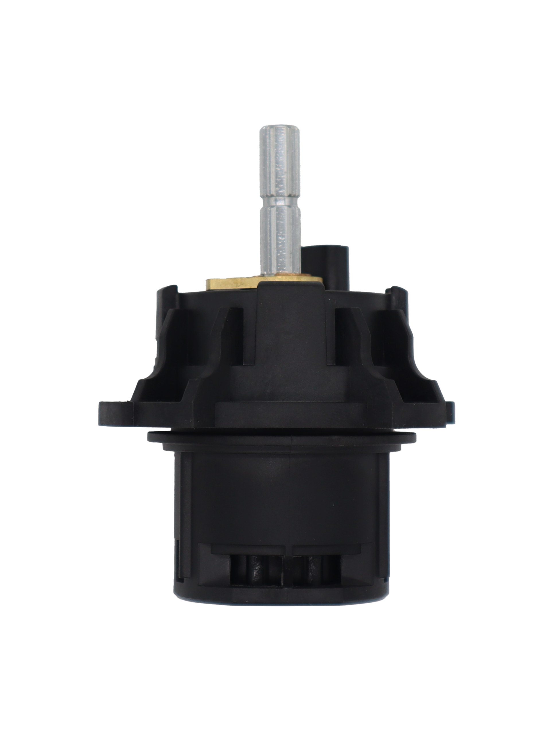 Black plastic cartridge with polished chrome stem brass limit stop copper clip and black orings on the bottom.