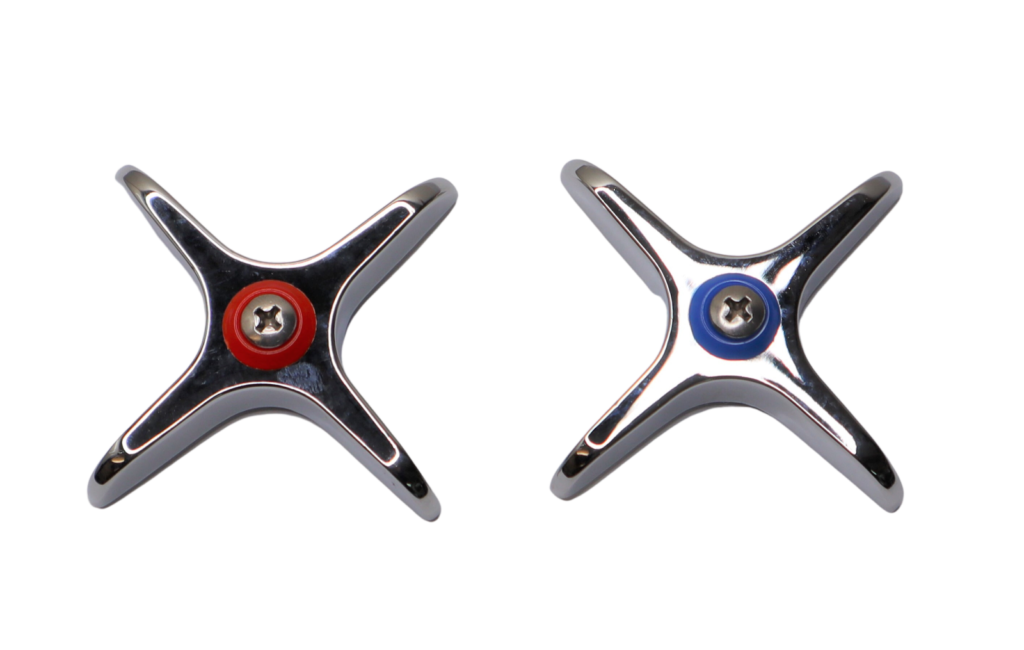 Polished chrome 4 arm cross "x" handles with red and blue plastic index buttons and stainless screws.