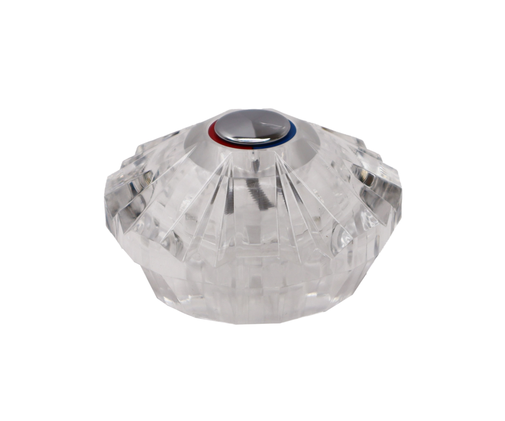 Clear acrylic round handle with chrome cap and a red and blue index button.