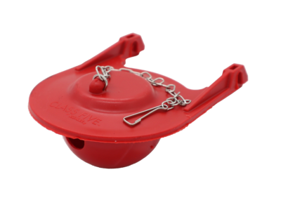 Bright red silicone rubber flapper with 2 arms and stainless chain with clip.