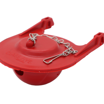 Bright red silicone rubber flapper with 2 arms and stainless chain with clip.