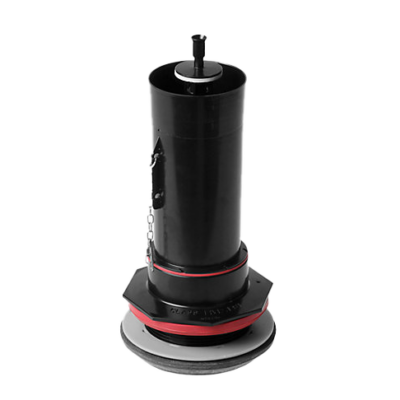 Black plastic cannister flush valve with red silicone rubber washers and thick black rubber bottom washer.