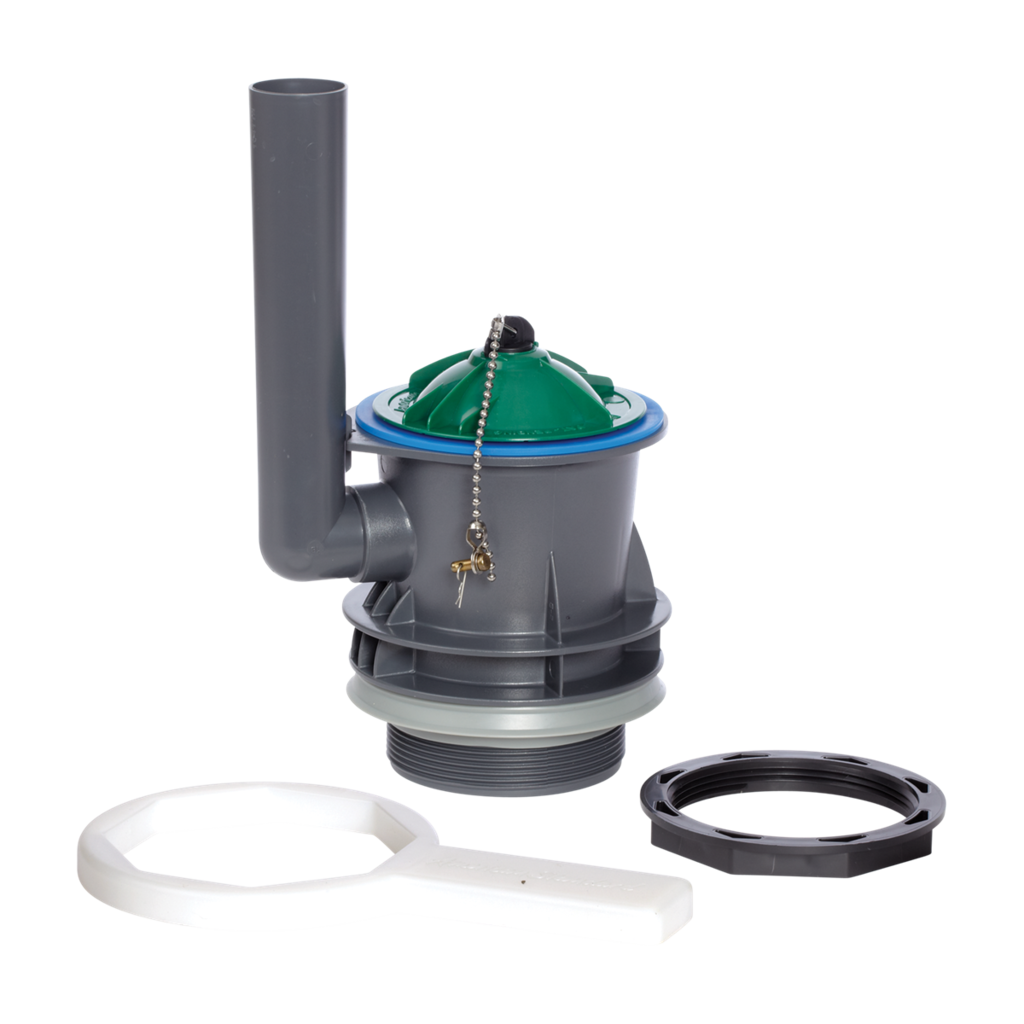Grey plastic flush valve body with blue gasket green rubber flapper black plastic nut and white plastic tool.