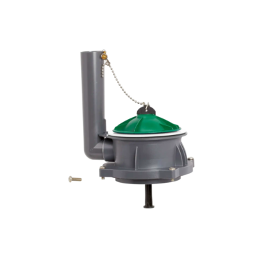 Grey plastic flushvalve with green rubber flapper and beaded chain.