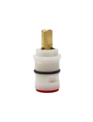 Bright white plastic cartridge with brass stem metal clip black oring white ceramic discs and red bottom seal.