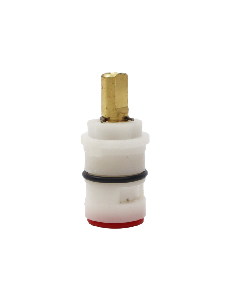 Bright white plastic cartridge with brass stem metal clip black oring white ceramic discs and red bottom seal.