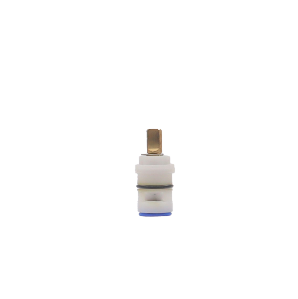 Bright white plastic cartridge with brass stem metal clip black oring white ceramic discs and blue bottom seal.