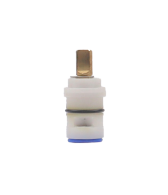 Bright white plastic cartridge with brass stem metal clip black oring white ceramic discs and blue bottom seal.