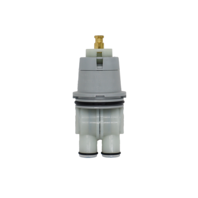 Grey and white plastic cartridge with brass stem and black rubber seals.