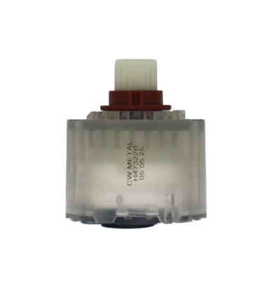 Clear plastic cartridge with red plastic limit stop white plastic handle connection white ceramic discs and black bottom seals.