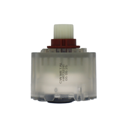 Clear plastic cartridge with red plastic limit stop white plastic handle connection white ceramic discs and black bottom seals.