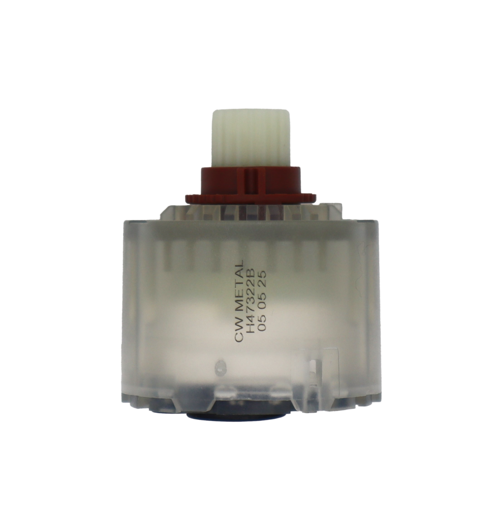 Clear plastic cartridge with red plastic limit stop white plastic handle connection white ceramic discs and black bottom seals.