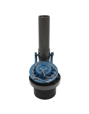 Grey plastic flush valve with blue vinyl flapper braided chain and black rubber seal.