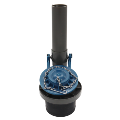 Grey plastic flush valve with blue vinyl flapper braided chain and black rubber seal.
