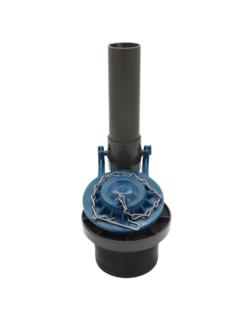 Grey plastic flush valve with blue vinyl flapper braided chain and black rubber seal.
