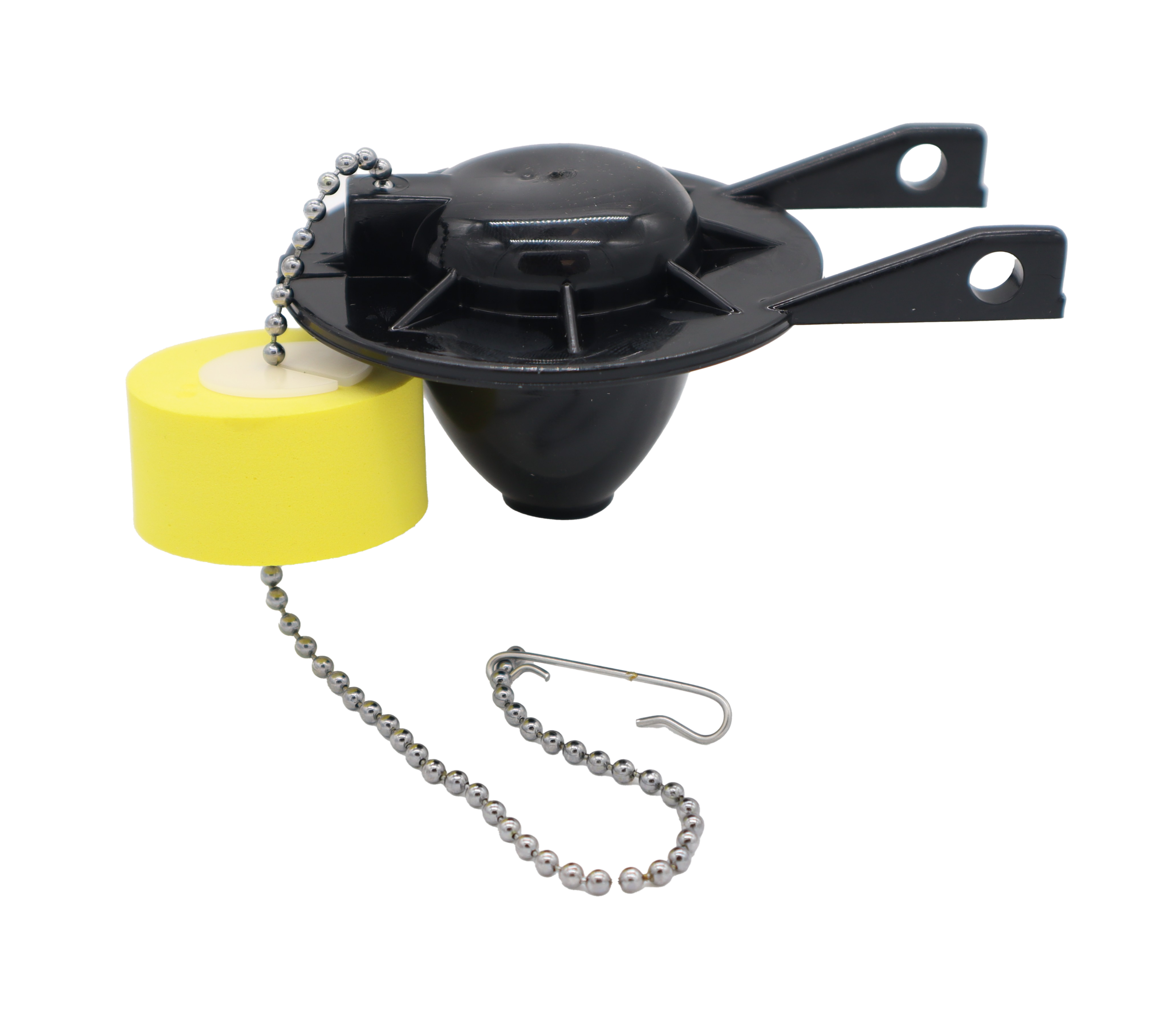 Black shiny vinyl rubber flapper with bright yellow foam float with stainless chain.
