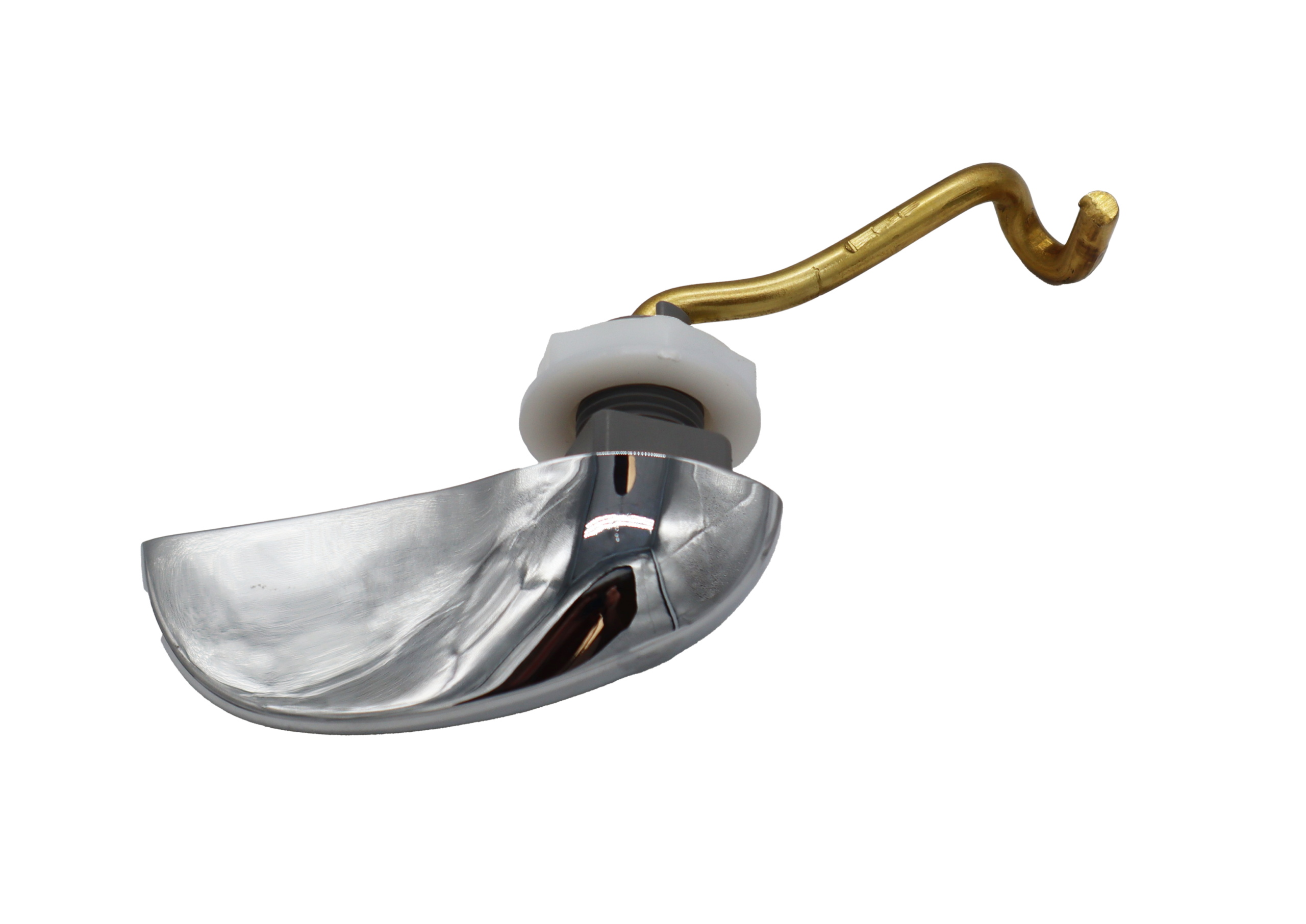 Chrome plated trip lever with brass arm and plastic nut.