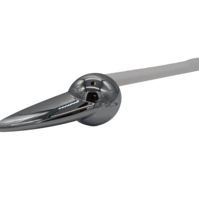 Polished chrome teardrop lever handle with white platic arm.
