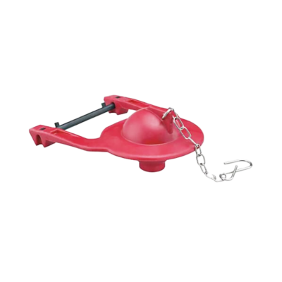 Red rubber flapper with black plastic bar and stainless chaing and clip.