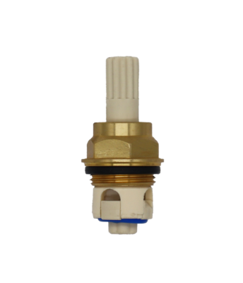 White platic cartridge with brass nut black o-ring and blue bottom seal.