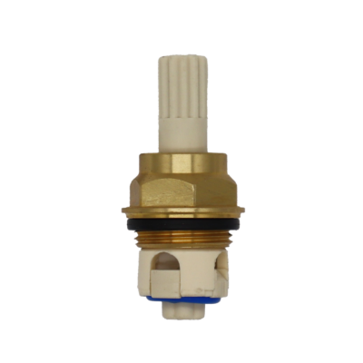 White platic cartridge with brass nut black o-ring and blue bottom seal.