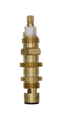 Bright brass cartridge with white plastic limit stop white ceramic discs and black rubber seal.