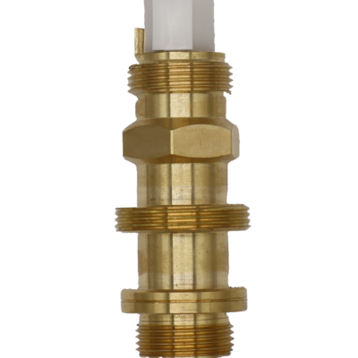 Bright brass cartridge with white plastic limit stop white ceramic discs and black rubber seal.