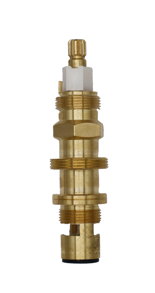 Bright brass cartridge with white plastic limit stop white ceramic discs and black rubber seal.