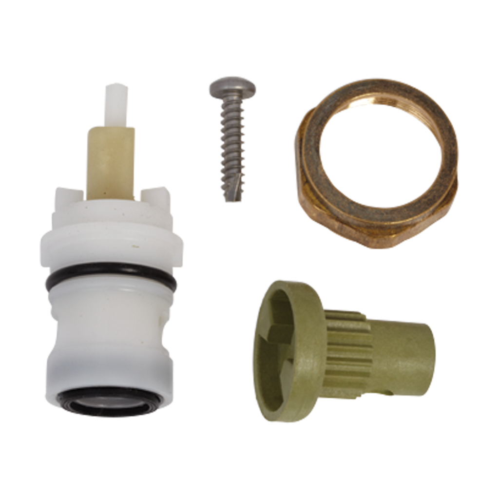 White plastic cartridge with brass nut stainless screw and tan plastic handle adapter.