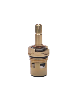Bright brass cartridge with metal handle stop white ceramic discs and black rubber bottom seal.