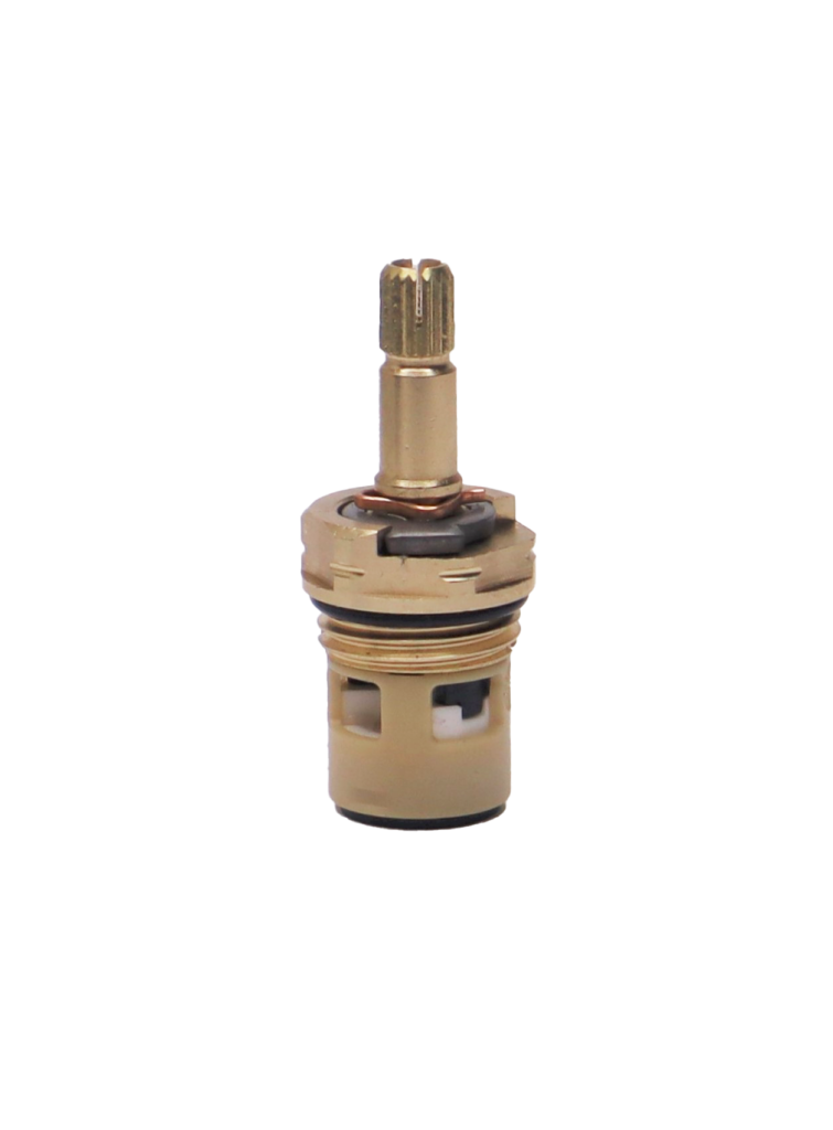 Bright brass cartridge with metal handle stop white ceramic discs and black rubber bottom seal.