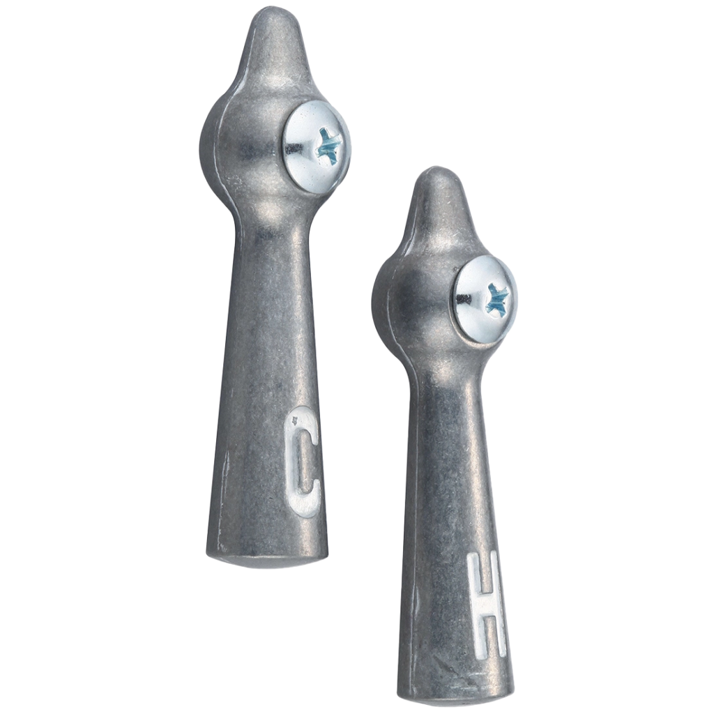 Die cast metal lever laundry handles with h and c stamped on them with stainless screws.