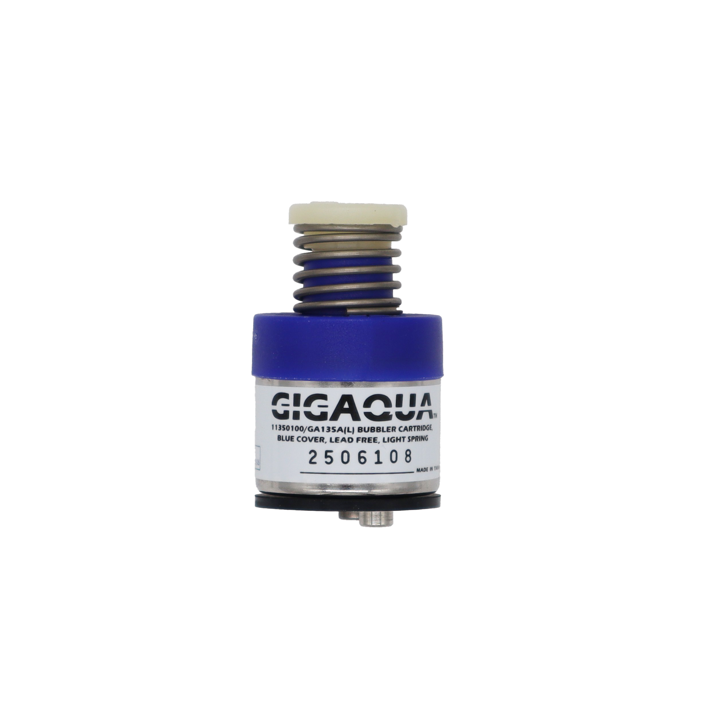 Blue and black cartridge body with stainless spring and white plastic adjustment.