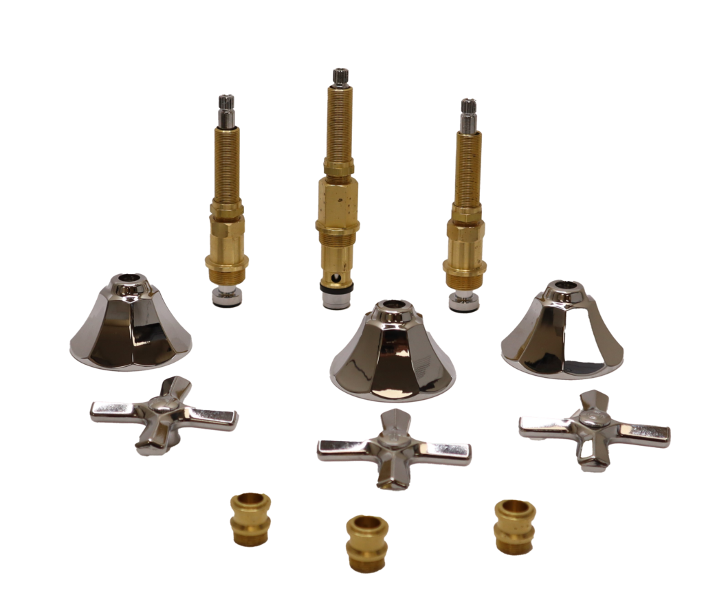 Bright brass stems with polished chrome escutcheons & handles with brass faucet seats.
