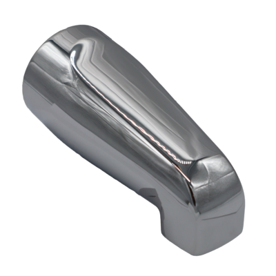Polished chrome die cast spout with threads at the front of the spout.